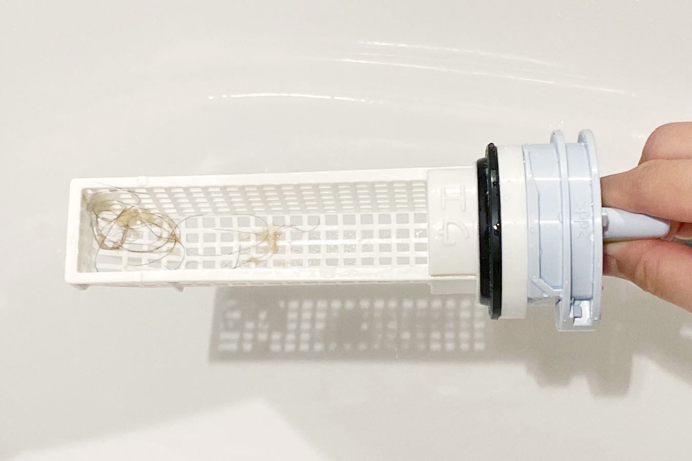 槽洗浄後のゴミフィルターには数本の髪の毛とゴミが少しだけ入っていた