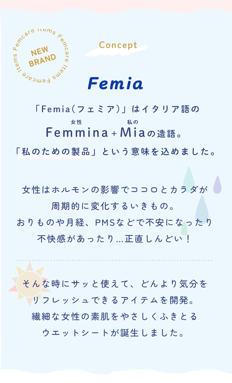 「Femia(フェミア)」はイタリア語のFemmina＋Miaの造語。「私のための製品」という意味を込めました。女性はホルモンの影響でココロとカラダが
周期的に変化するいきもの。おりものや月経、PMSなどで不安になったり不快感があったり…正直しんどい！そんな時にサッと使えて、どんより気分をリフレッシュできるアイテムを開発。
繊細な女性の素肌をやさしくふきとるウエットシートが誕生しました。