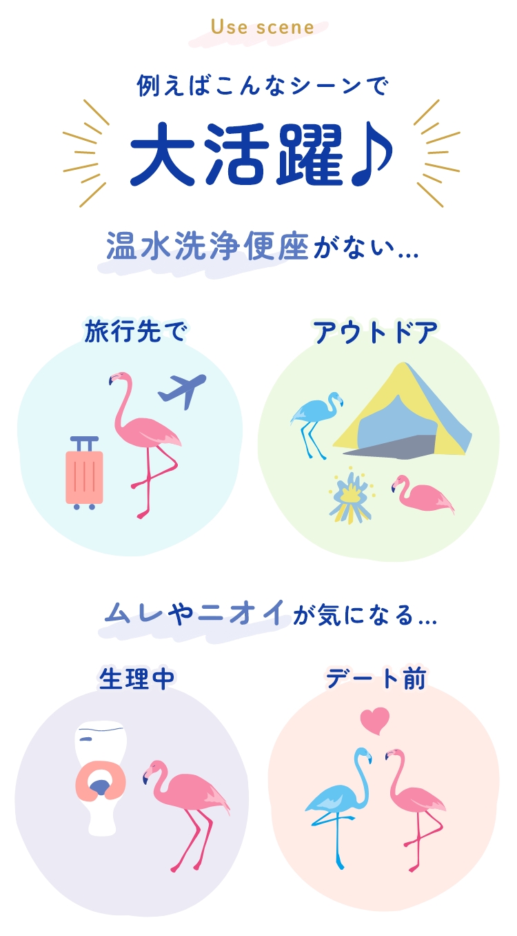 例えばこんなシーンで大活躍 温水洗浄便座がない…旅行先でアウトドア ムレやニオイが気になる…生理中デート前