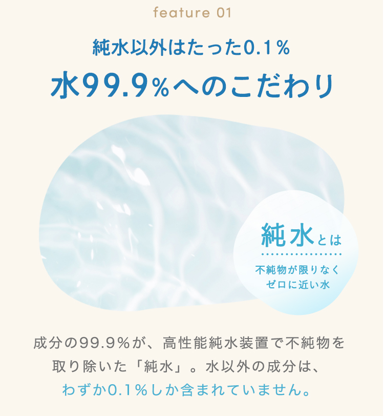成分の99.9％が、高性能純水装置で不純物を取り除いた「純水」。水以外の成分は、わずか0.1％しか含まれていません。純水とは不純物が限りなくゼロに近い水