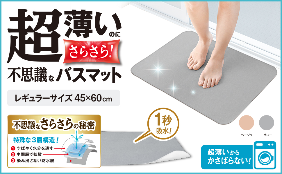 笑激SHOCKバスマット 超薄いさらさらバスマット不思議＆バスマット　レギュラーサイズ 45x60cm　超薄いからかさばらない！
