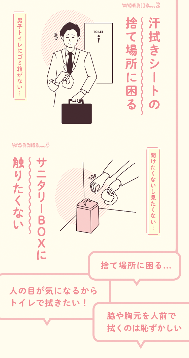 汗拭きシートの捨て場所に困るサニタリーBOXに触りたくない捨て場所に困る...人の目が気になるから
トイレで拭きたい！脇や胸元を人前で拭くのは恥ずかしい