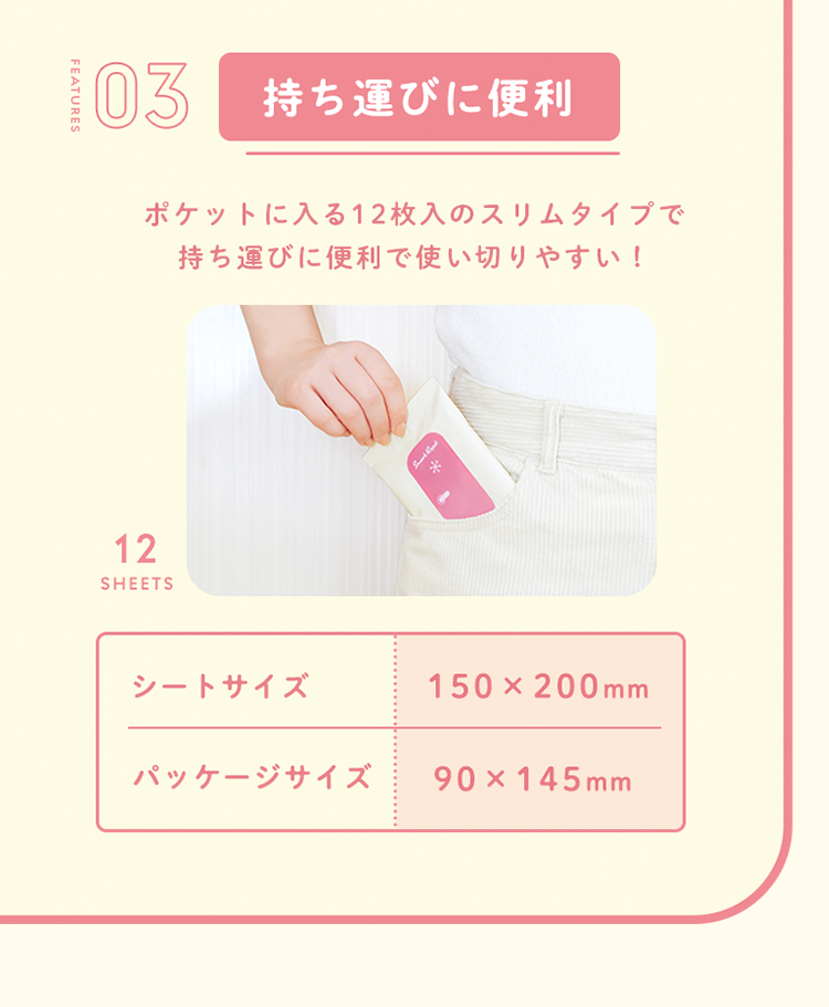 持ち運びに便利ポケットに入る12枚入のスリムタイプで
持ち運びに便利で使い切りやすい！シートサイズ150×200mmパッケージサイズ90×145mm