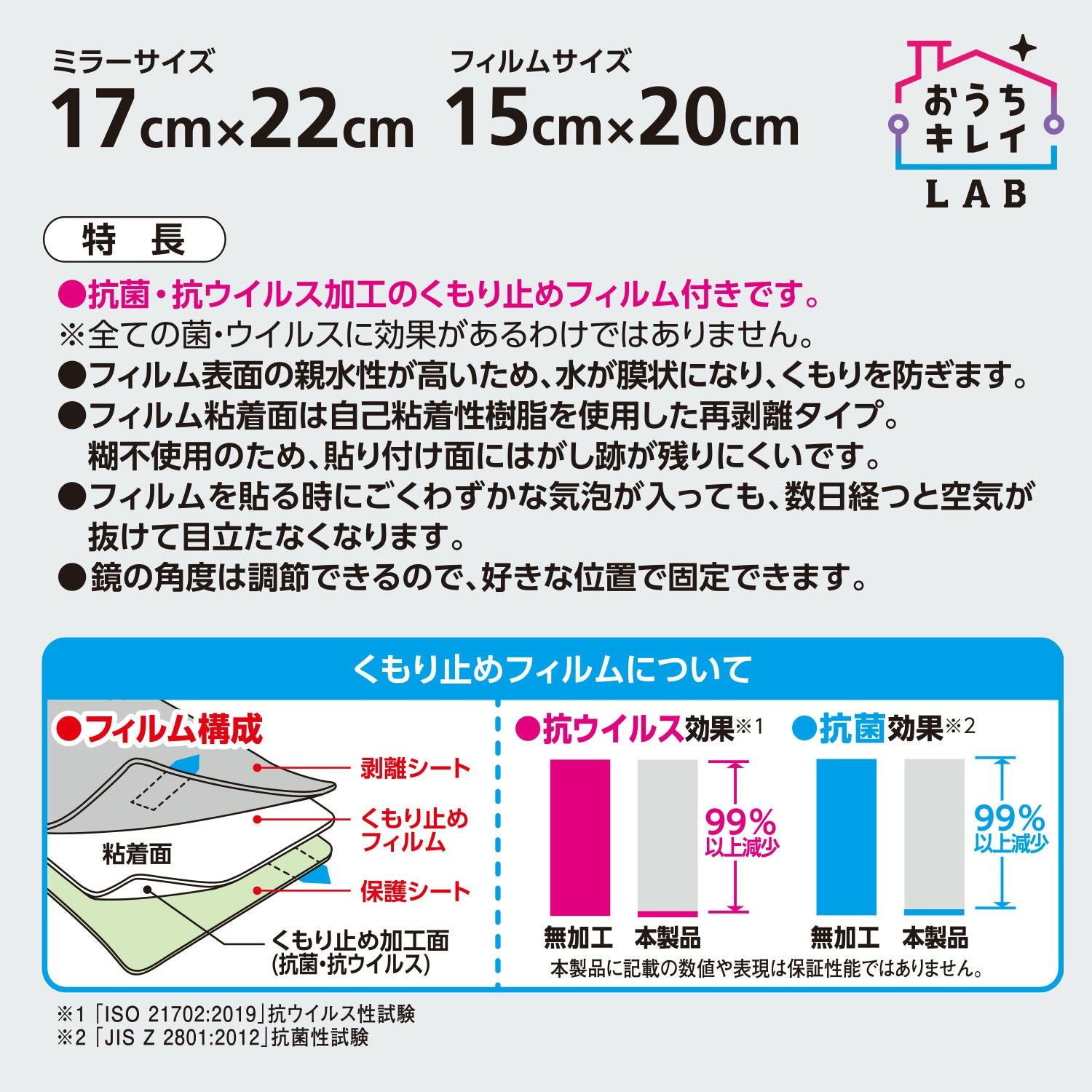 お風呂用 樹脂ミラー Sサイズ くもり止めフィルム付き | レック公式